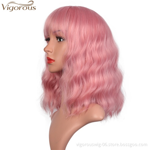 Vigorous Synthetic Short Cosplay Wigs for Black Women 14 Inches Wavy Pink Color With Flat Bangs Heat Resistant Fiber Hair